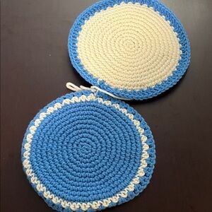 Handcrafted Set of 2 Blue and White Crochet Hotpads